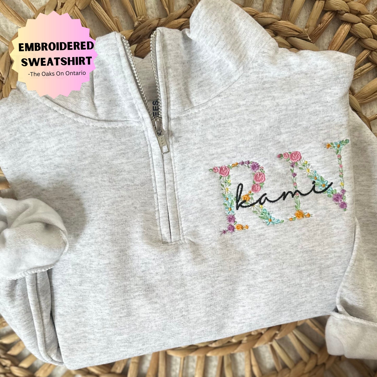 Embroidered Nurse Floral Sweashirt Personalized Rn Quarter Zip, Healthcare worker sweater