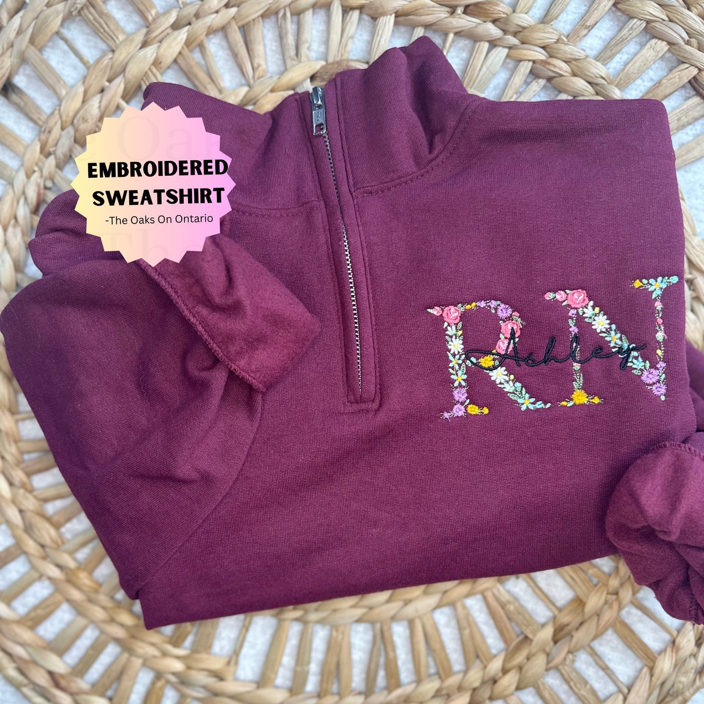 Embroidered Nurse Floral Sweashirt Personalized Rn Quarter Zip, Healthcare worker sweater