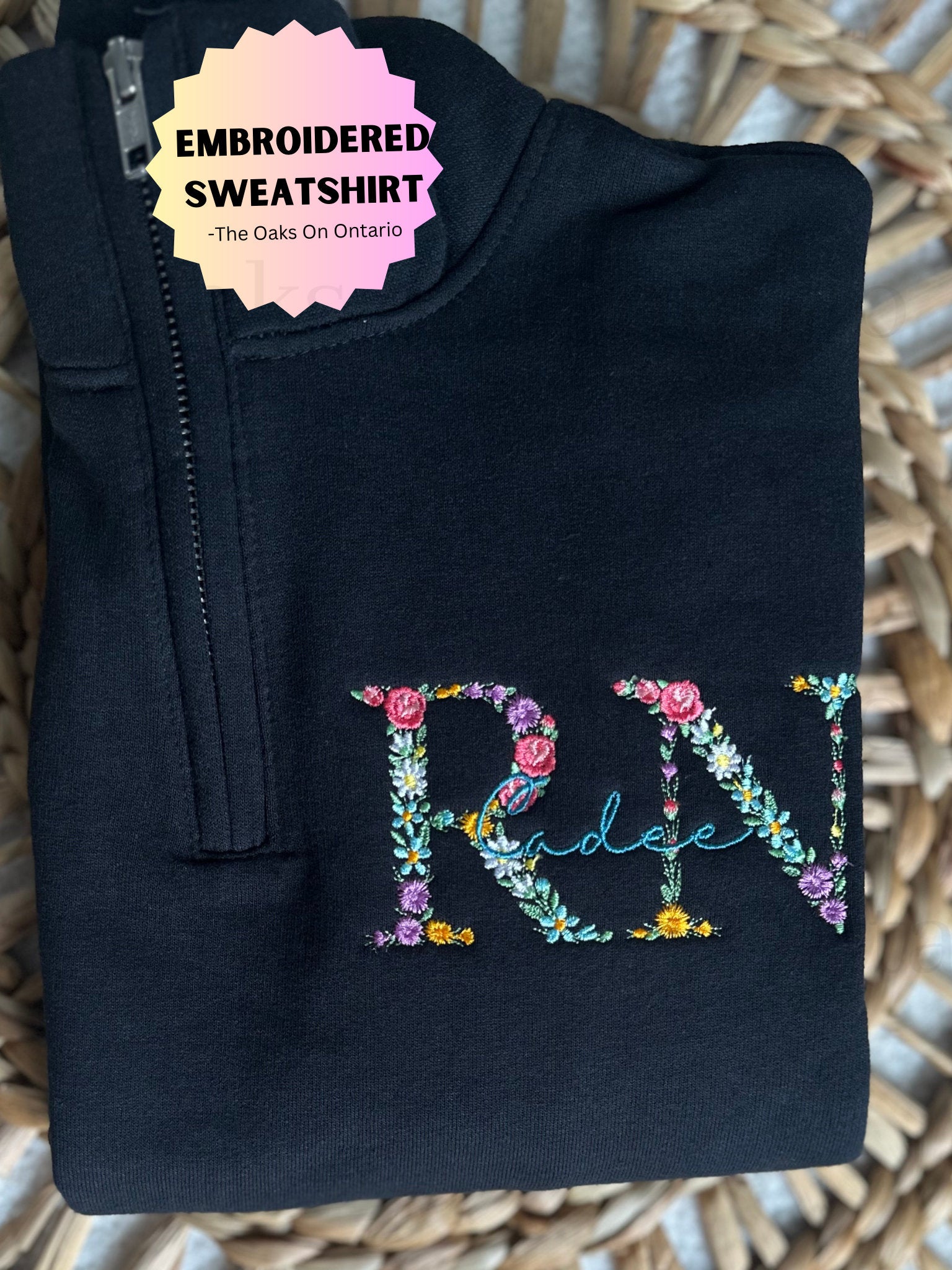 Embroidered Nurse Floral Sweashirt Personalized Rn Quarter Zip, Healthcare worker sweater